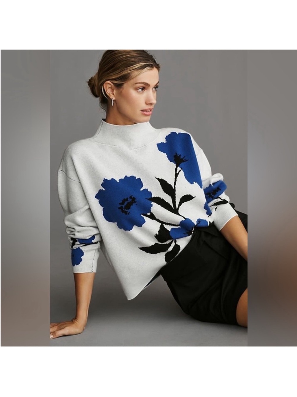 Anthropologie Maeve Mock-Neck Floral Knit Sweater Mod Indie Boho Retro L